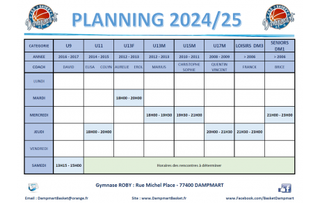 PLANNING DES ENTRAINEMENTS